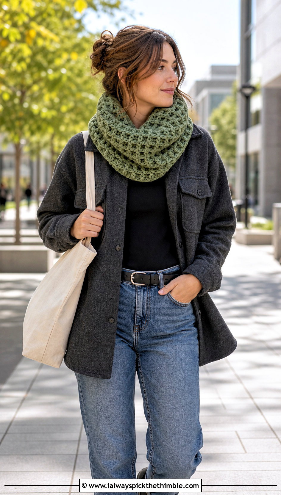 Waffle Stitch Crochet Snood Scarf With Shacket - 20 snood crochet scarf outfit ideas