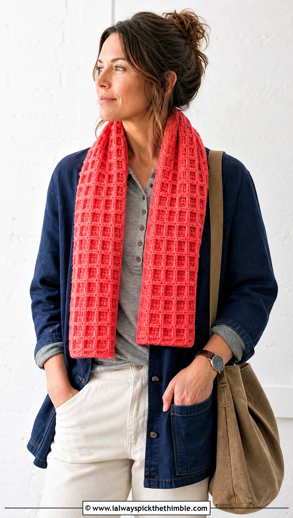 Waffle Stitch Crochet Sophie Scarf With Chore Jacket And Straight Pants - 25 crochet sophie scarf outfit ideas