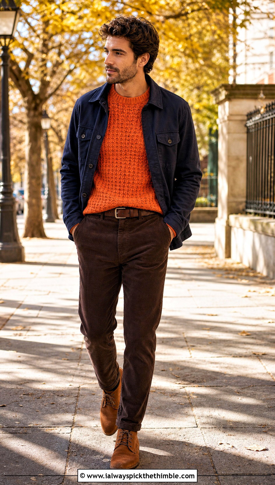 Waffle Stitch Crochet Sweater With Corduroy Pants - 20 male crochet sweater outfit ideas