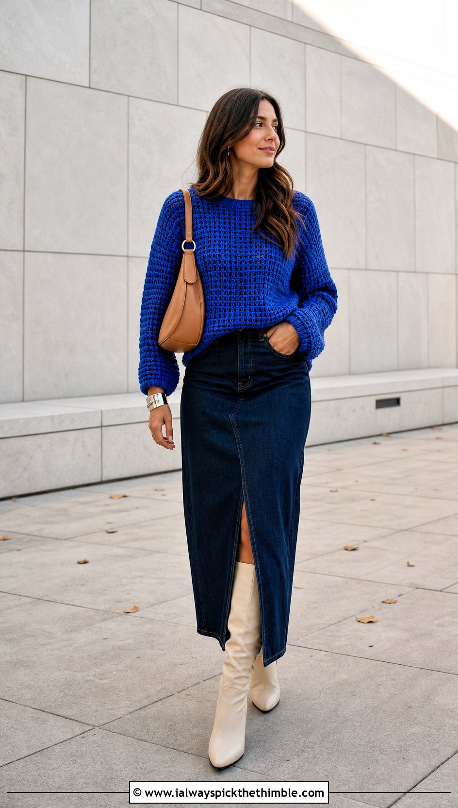 Waffle Stitch Crochet Sweater With Denim Maxi Skirt - 20 Crochet Textured Sweater outfit ideas