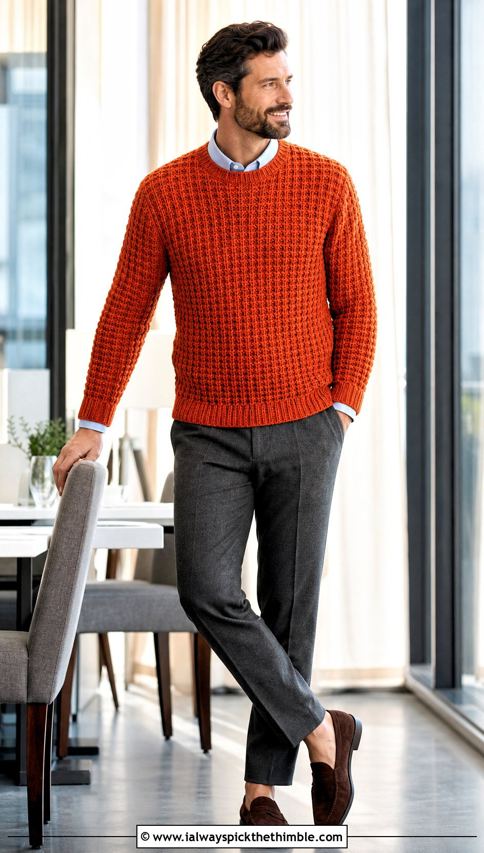 Waffle Stitch Crochet Sweater With Flannel Trousers - 25 crochet sweater for men outfit ideas