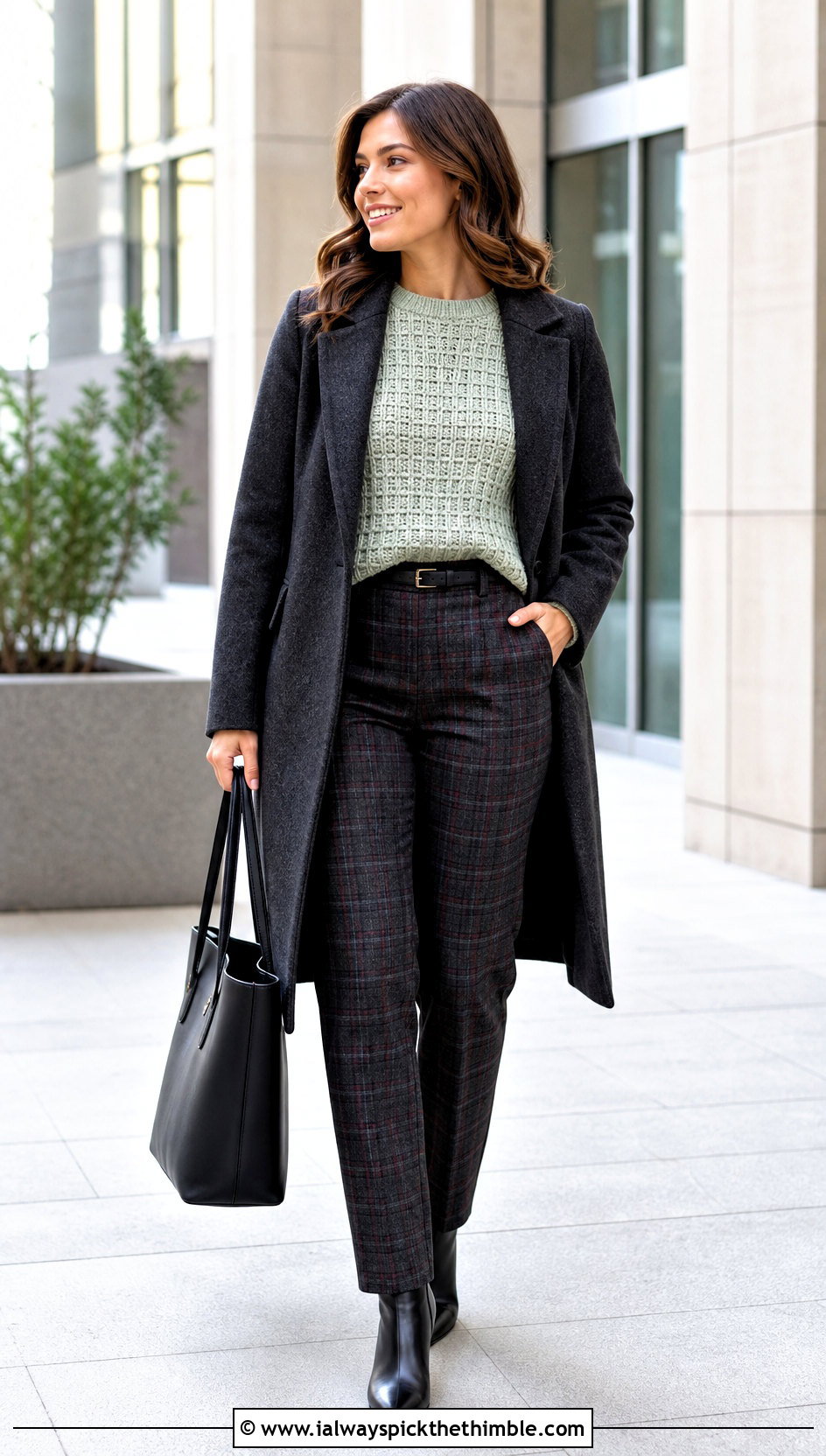 Waffle Stitch Crochet Sweater With Plaid Trousers - 20 crochet winter sweater outfit ideas