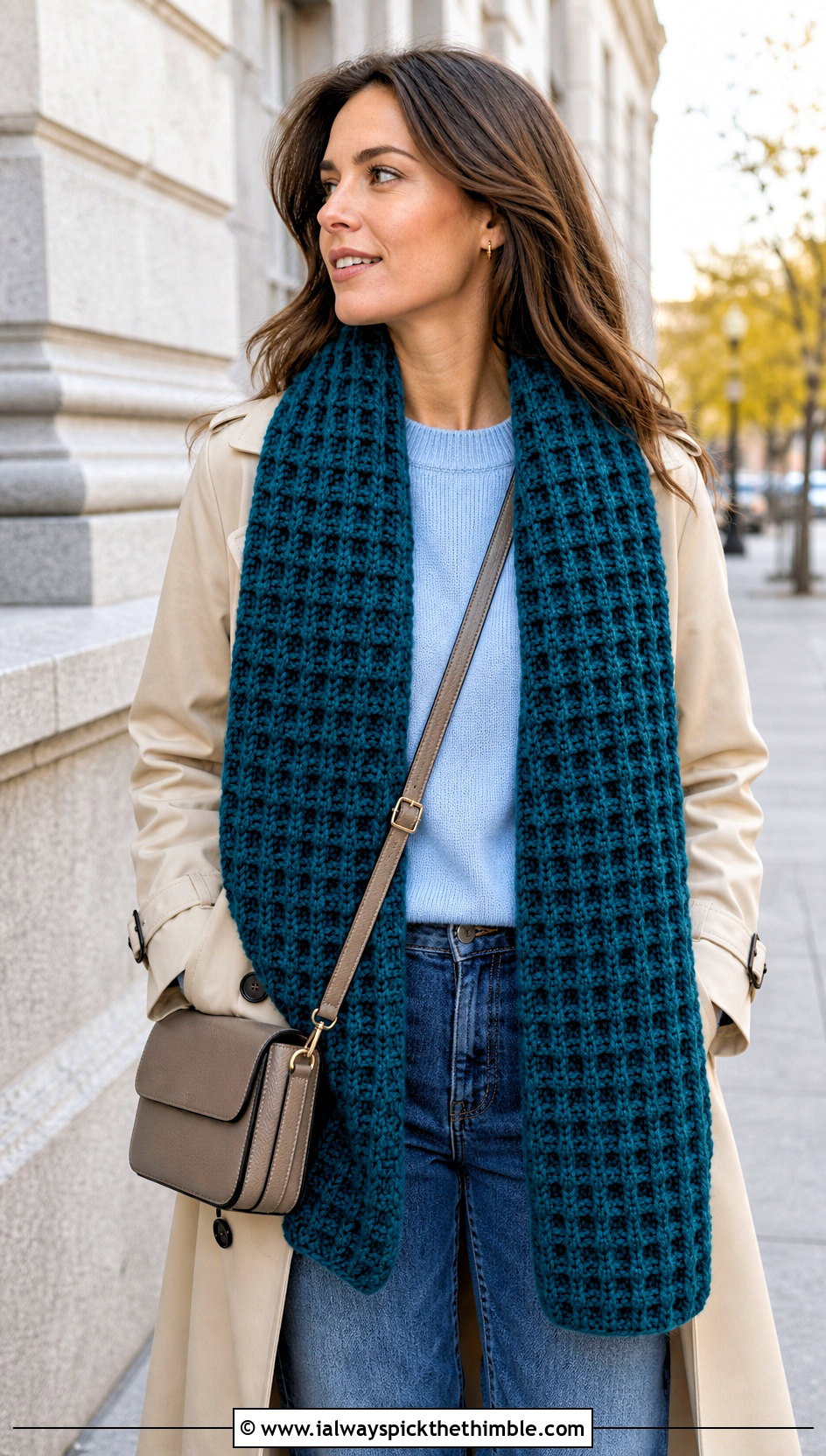 Waffle Stitch Crochet Textured Scarf With Trench Coat - 20 Crochet Textured Scarf outfit ideas