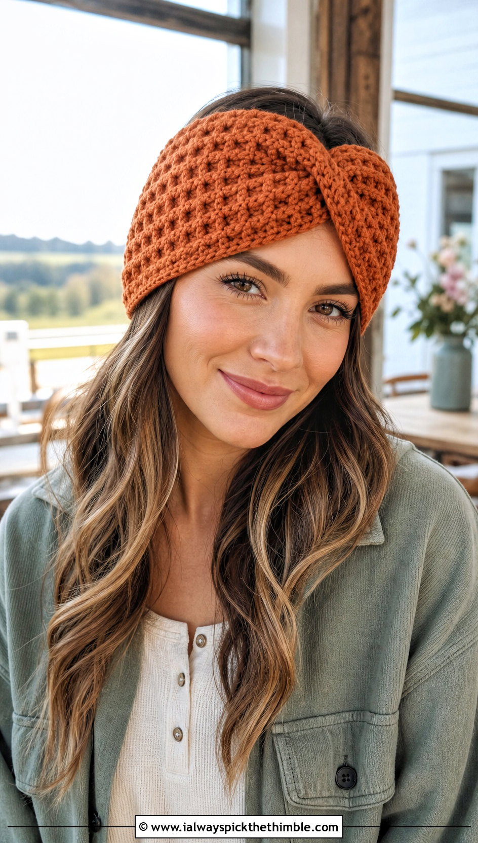 Waffle Stitch Crochet Twist Headband With Shacket - 20 crochet twist headband outfit ideas