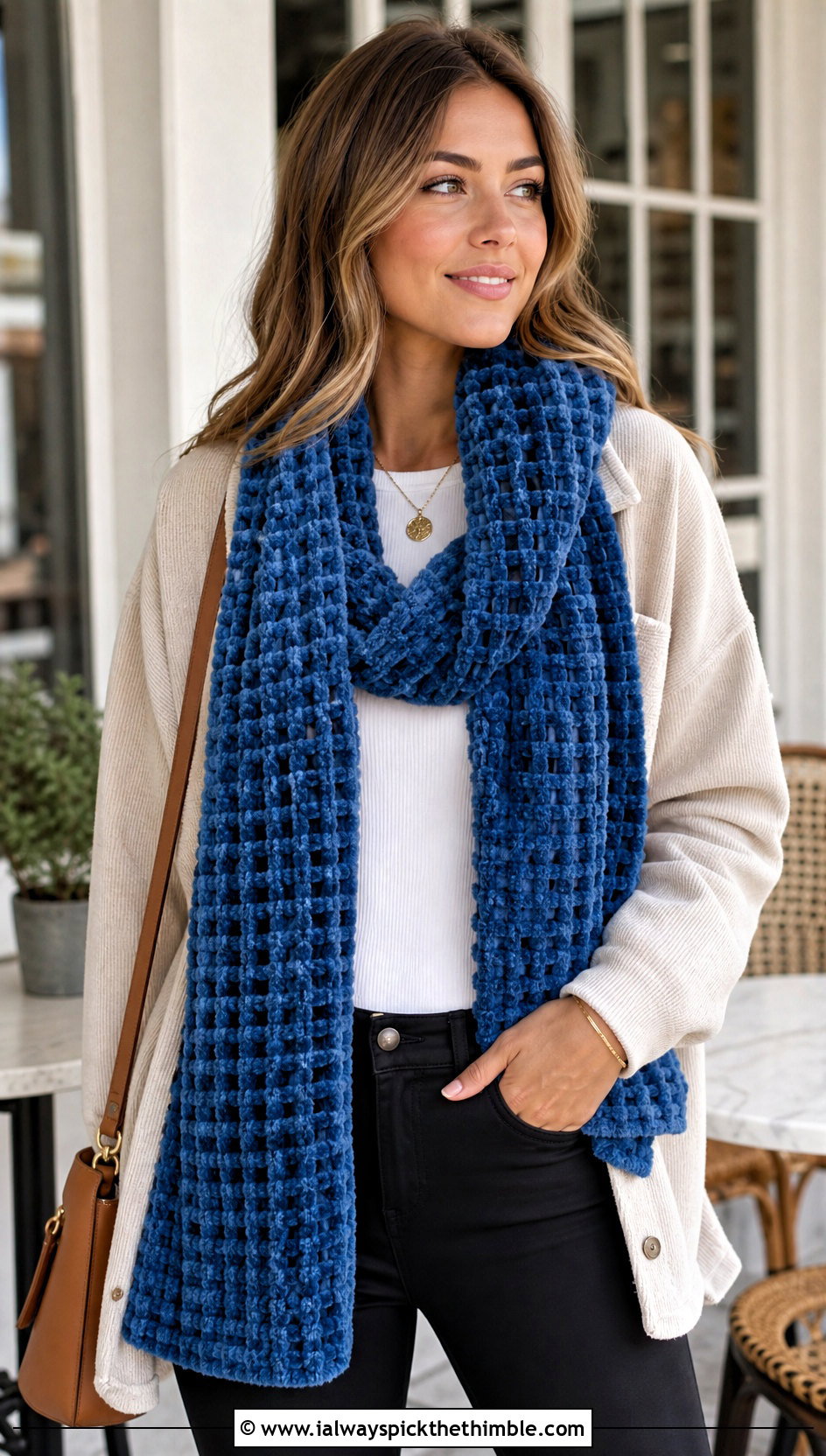 Waffle Stitch Crochet Velvet Scarf With Shacket - 20 Crochet Velvet Scarf outfit ideas