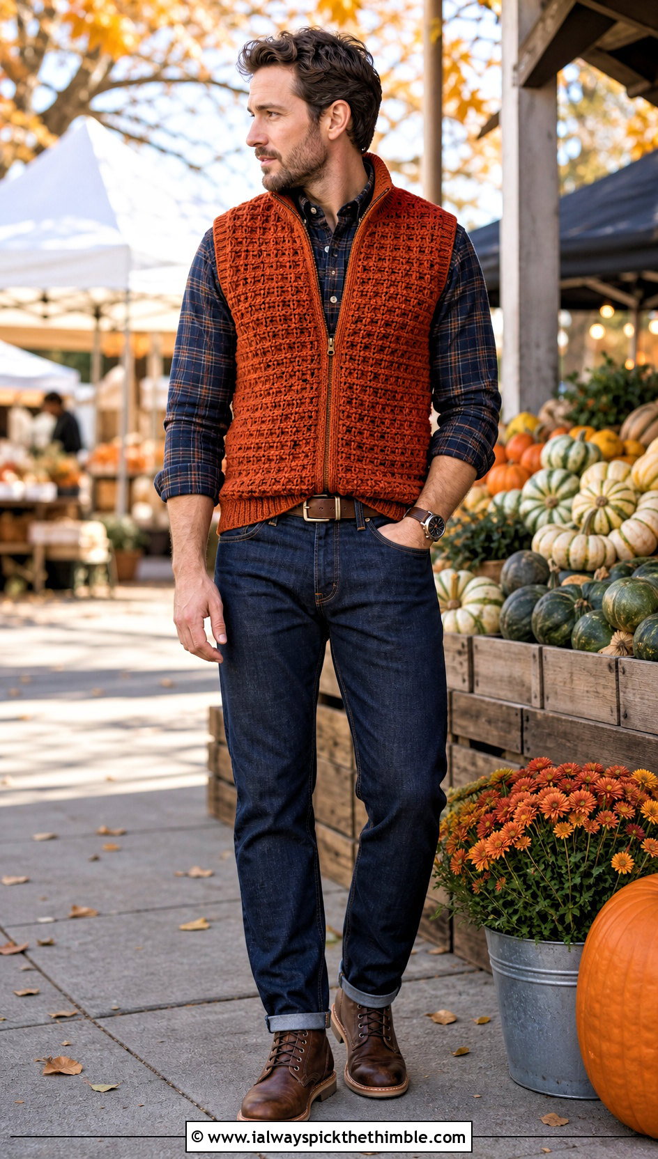 Waffle Stitch Crochet Vest With Flannel Shirt - 25 crochet vest for men outfit ideas