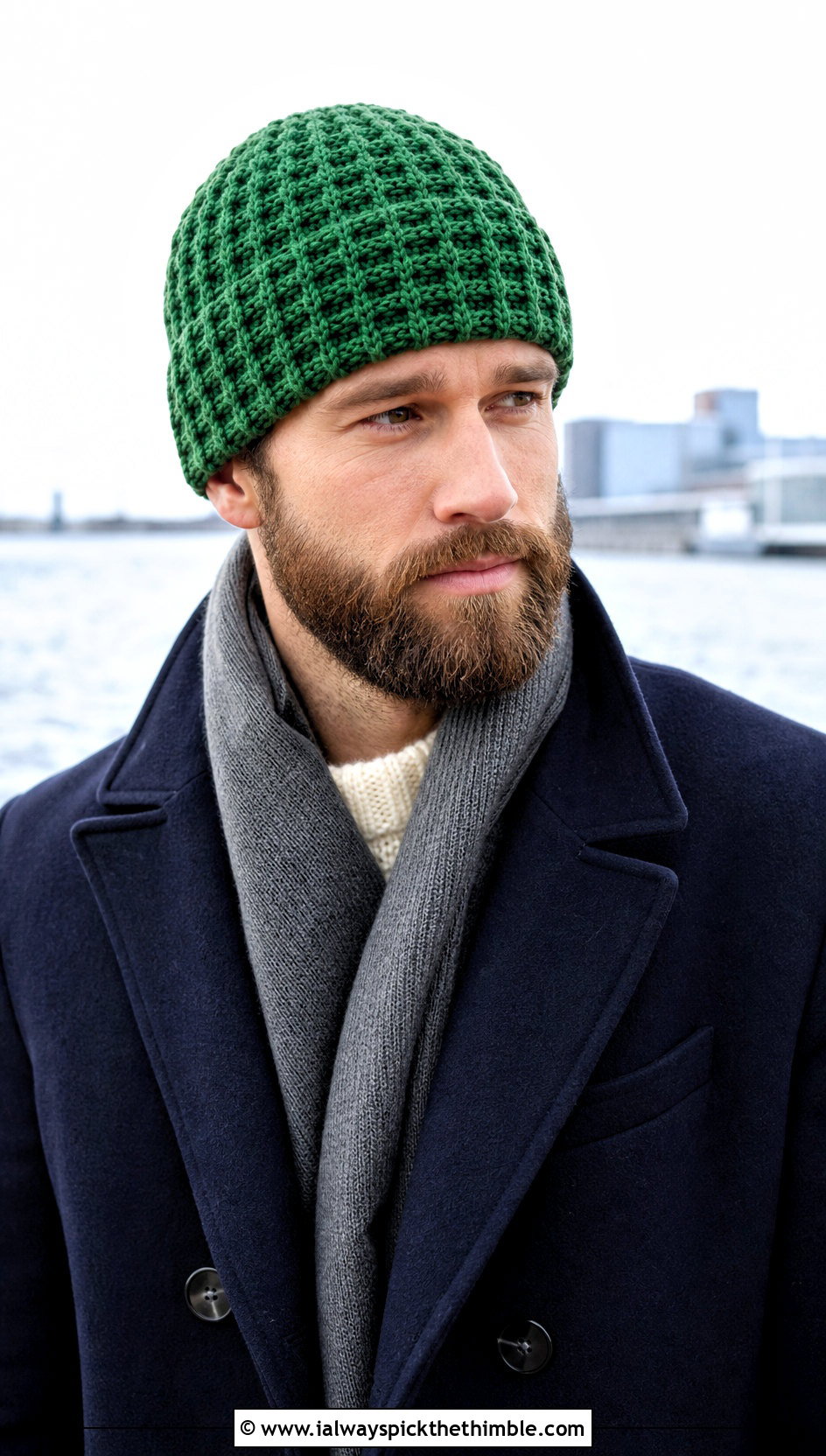 Waffle Stitch Crochet Watch Cap With Peacoat - 25 crochet hats men outfit ideas