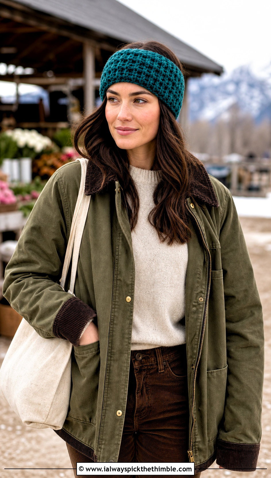 Waffle Stitch Crochet Winter Headband With Barn Jacket - 15 crochet winter head band outfit ideas