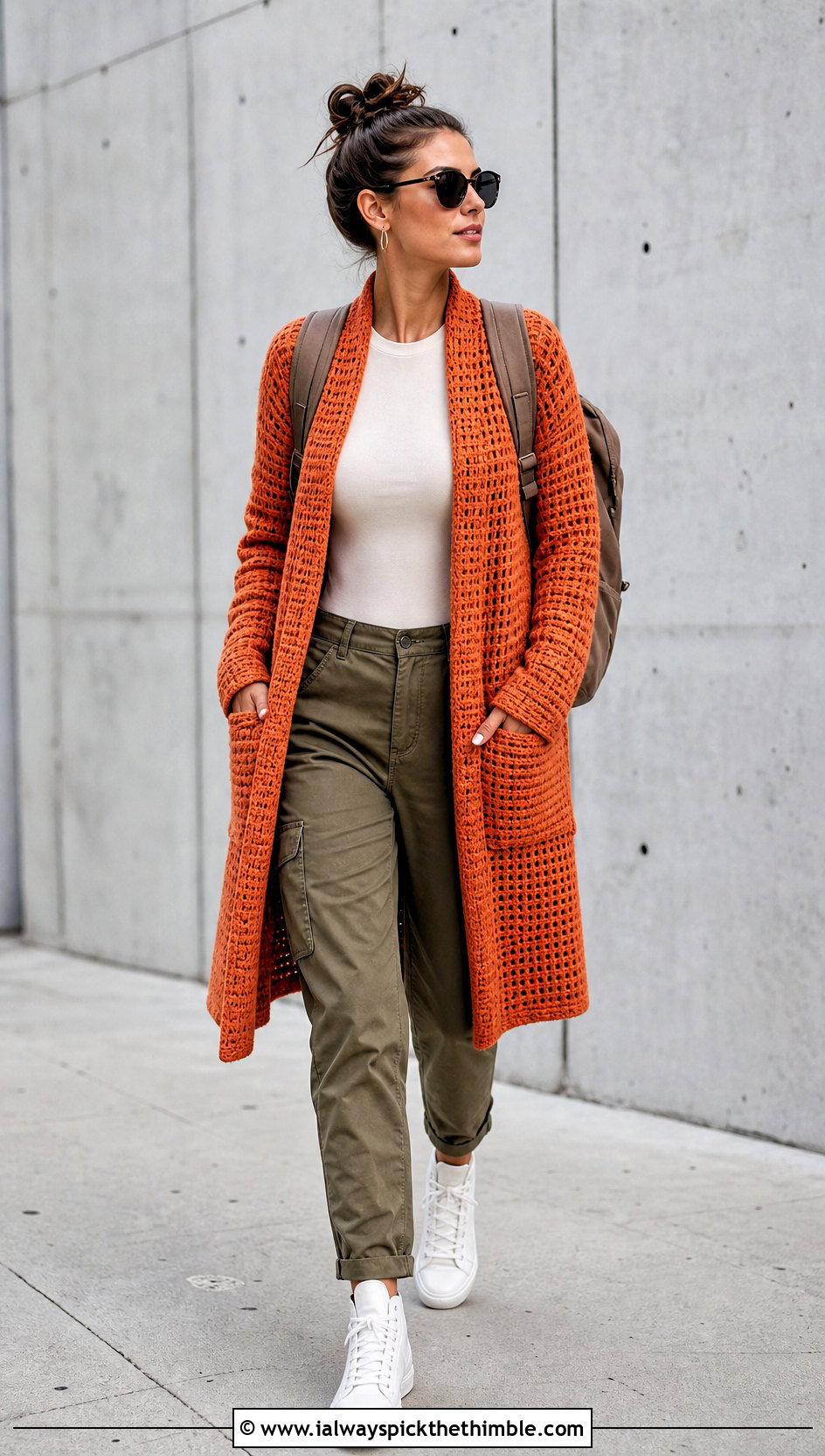 Waffle Stitch Crochet Wrap With Cargo Pants - 25 crochet wrap with pockets outfit ideas