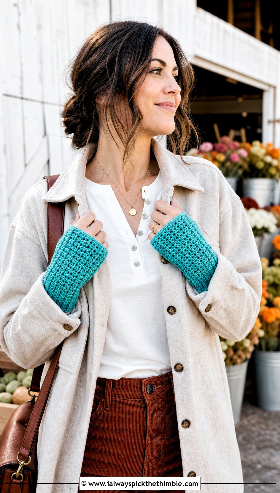 Waffle Stitch Crochet Wrist Warmers With Shacket And Corduroy Pants - 25 crochet hand warmer outfit ideas
