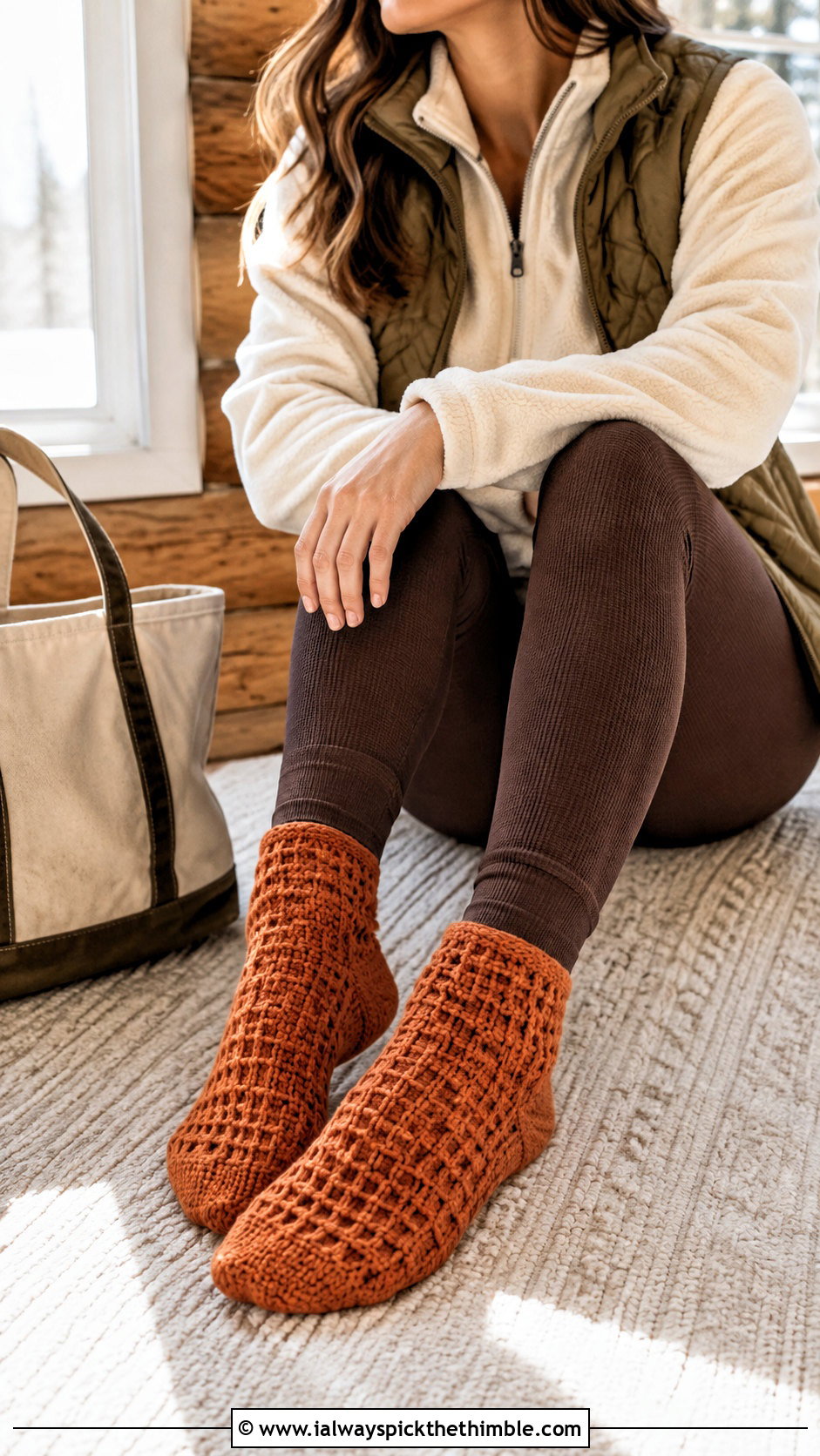 Waffle Stitch Crochet Yoga Socks With Thermal Leggings - 25 crochet yoga socks outfit ideas