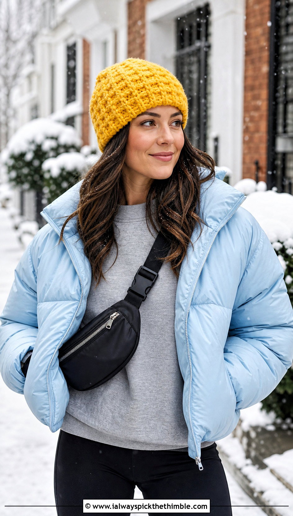 Waffle Stitch Crocheted Beanie With Puffer Jacket And Leggings - 25 crocheted beanies outfit ideas