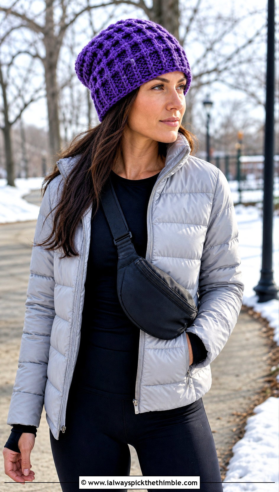 Waffle Stitch Crocheted Beanie With Puffer Jacket And Leggings - 25 crocheted beanie outfit ideas
