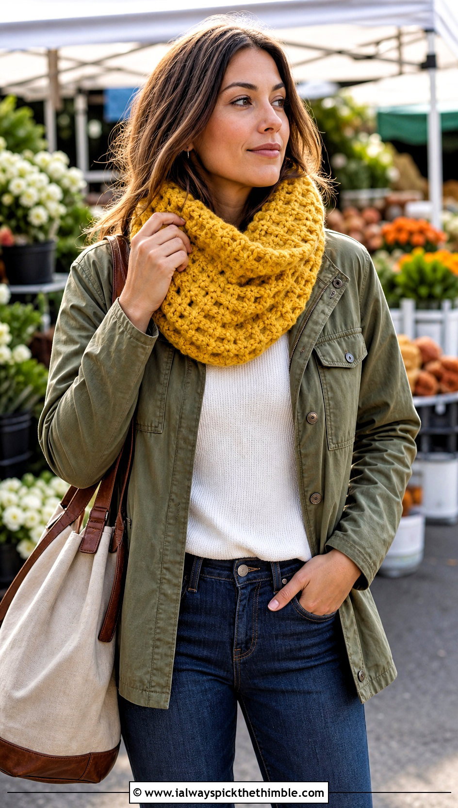 Waffle Stitch Crocheted Cowl With Utility Jacket - 20 Crocheted Cowl outfit ideas