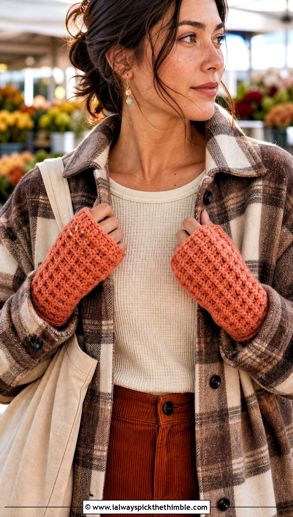 Waffle Stitch Crocheted Fingerless Gloves With Shacket And Corduroy Pants - 20 crocheted fingerless gloves outfit ideas