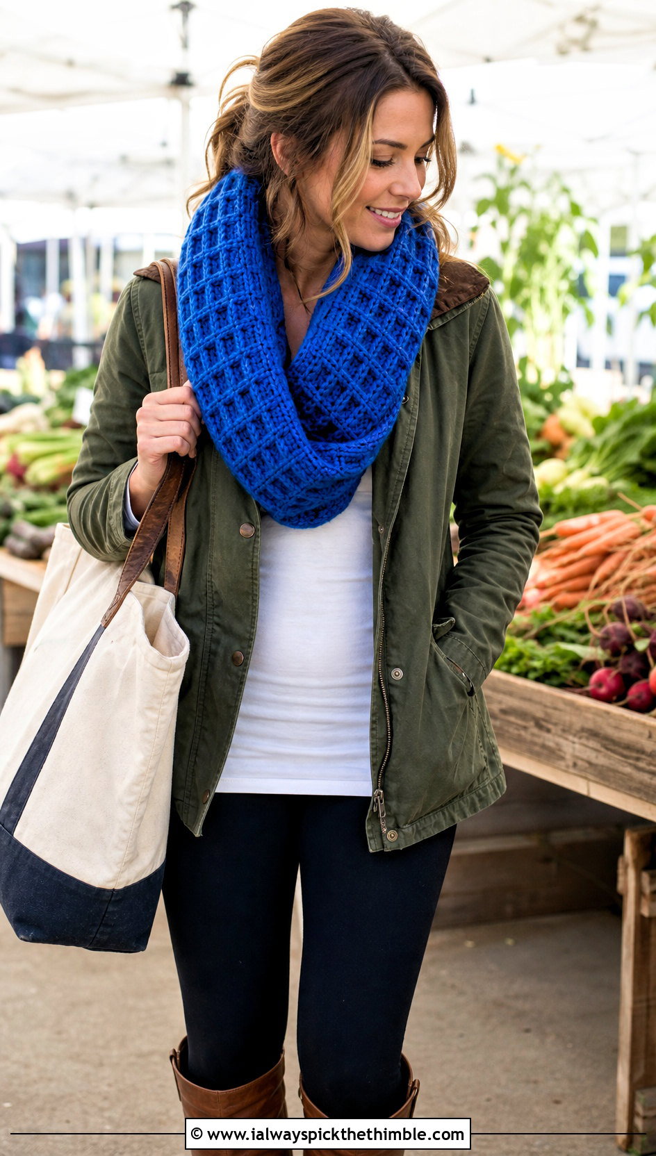 Waffle Stitch Crocheted Infinity Scarf With Barn Jacket And Leggings - 20 Crocheted Infinity Scarf outfit ideas