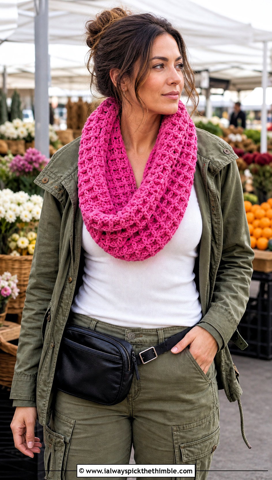 Waffle Stitch Crocheted Infinity Scarf With Utility Jacket - 15 Easy Crocheted Infinity Scarf outfit ideas
