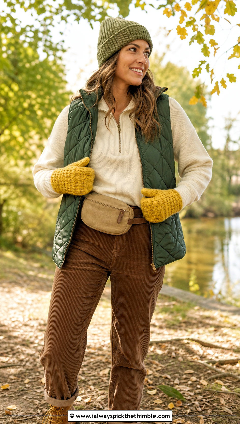 Waffle Stitch Crocheted Mittens With Quilted Vest - 20 Crocheted Mittens outfit ideas