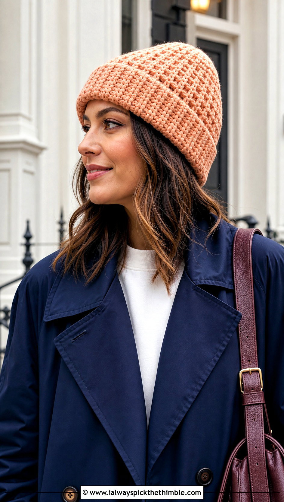 Waffle Stitch Cuffed Crochet Beanie With Trench Coat And Barrel Jeans - 15 Cuffed Crochet Beanie outfit ideas