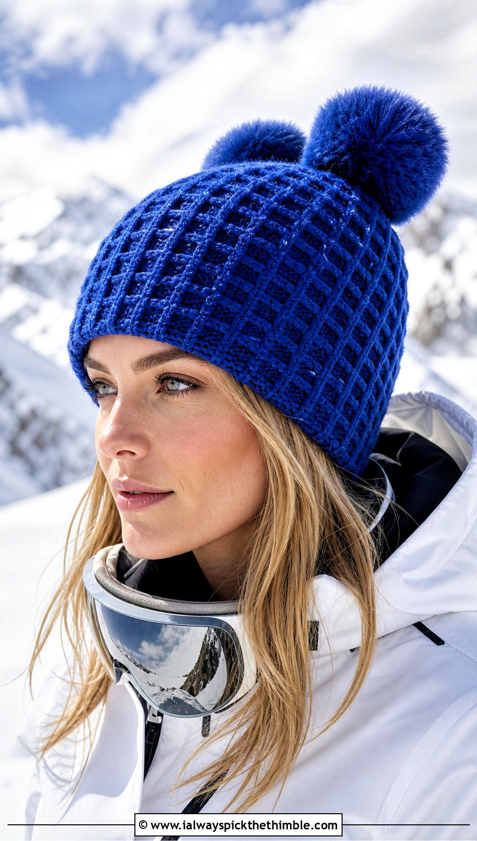 Waffle Stitch Double Pom Pom Crochet Hat With Ski Jacket - 20 Crochet Double Pom Pom Hat outfit ideas