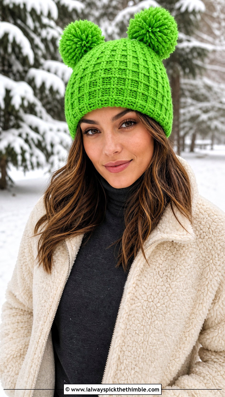 Waffle Stitch Double Pompom Crochet Beanie With Sherpa Jacket - 20 Double Pompom Crochet Hat outfit ideas