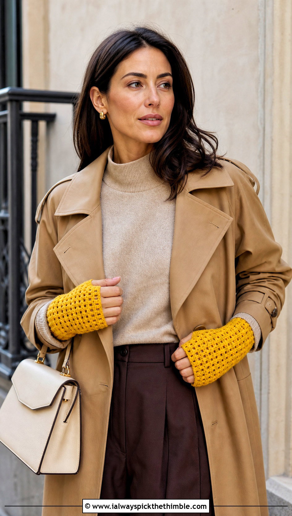 Waffle Stitch Fingerless Gloves With Trench Coat - 20 Crochet Fingerless Gloves Bulky Yarn outfit ideas