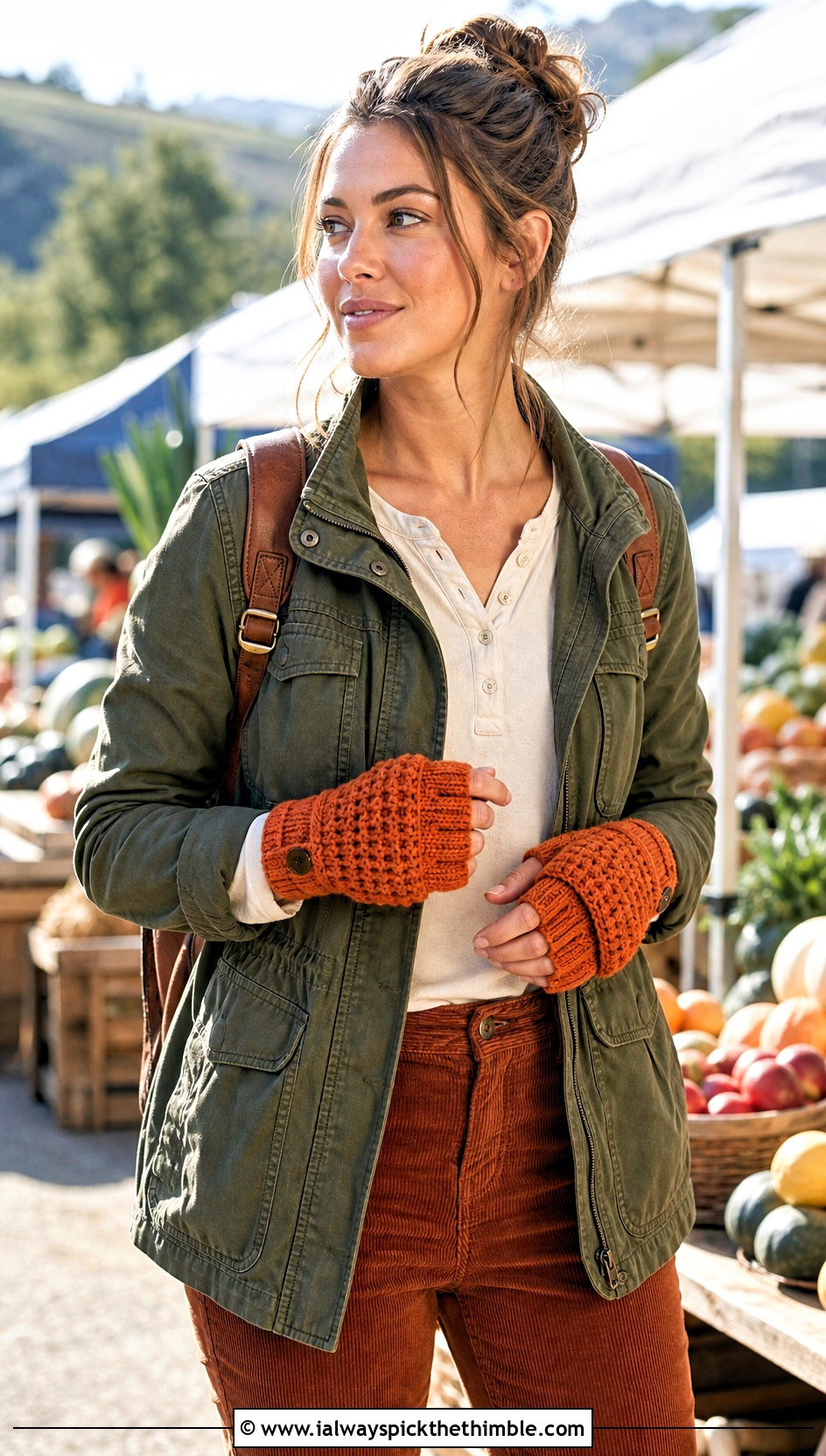 Waffle Stitch Flip Gloves With Utility Jacket and Corduroy Pants - 20 Convertible Crochet Gloves outfit ideas