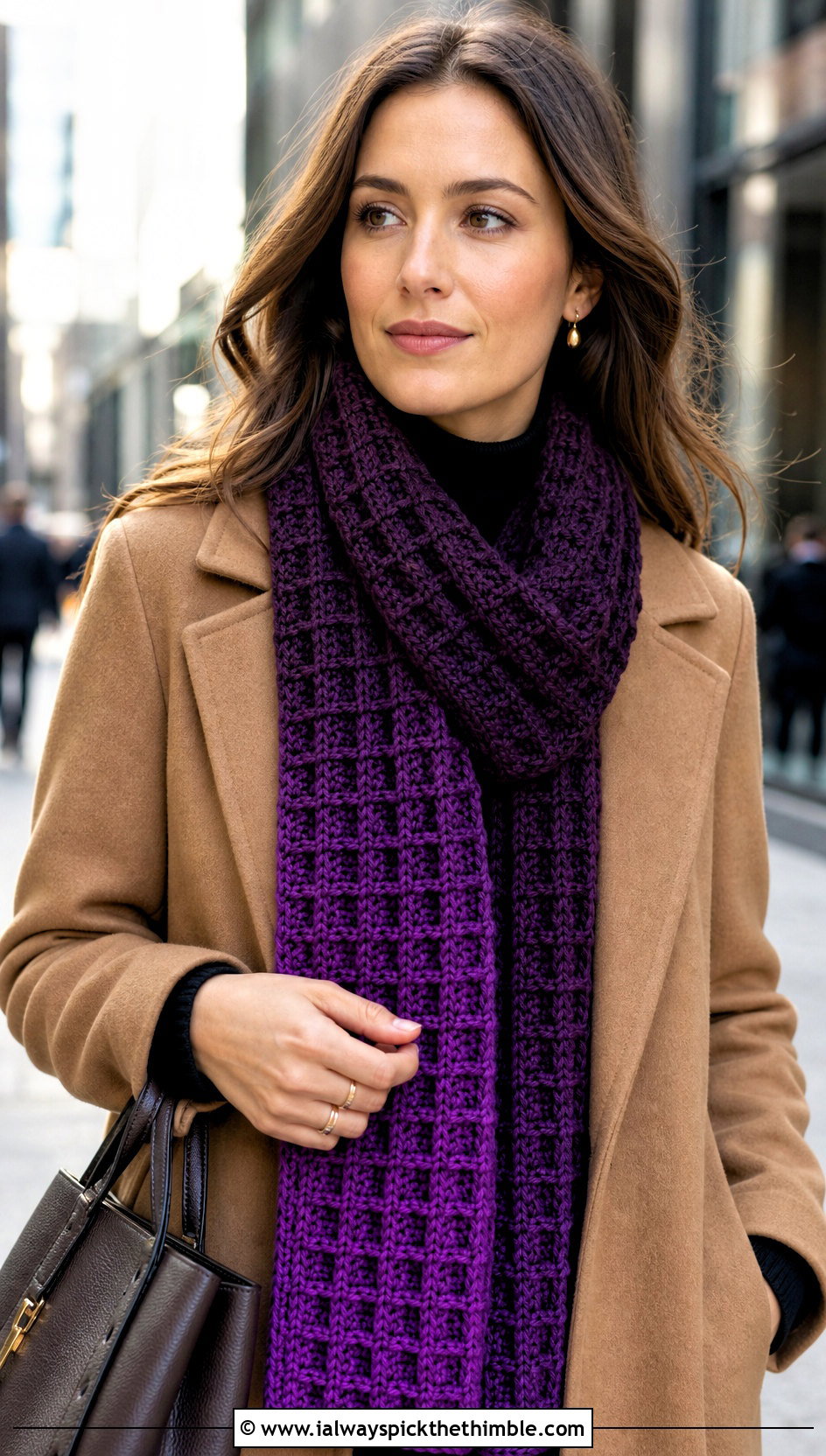 Waffle Stitch Gradient Crochet Scarf With Wool Coat - 20 gradient crochet scarf outfit ideas
