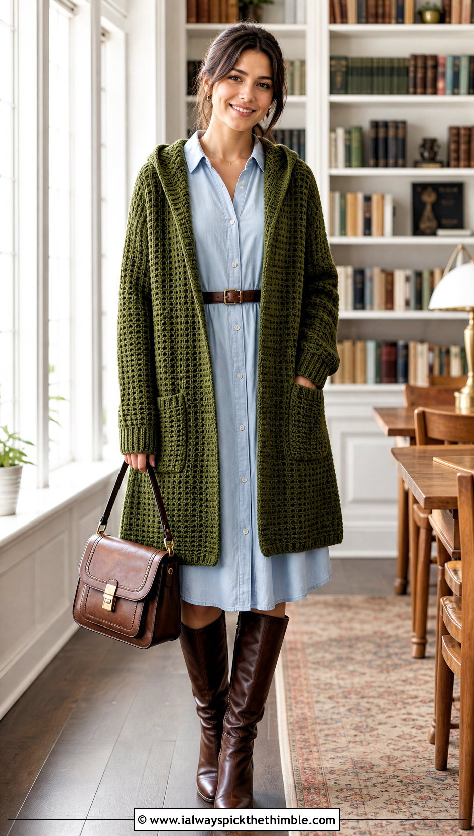 Waffle Stitch Hooded Crochet Cardigan With Shirt Dress - 25 hooded crochet cardigan outfit ideas