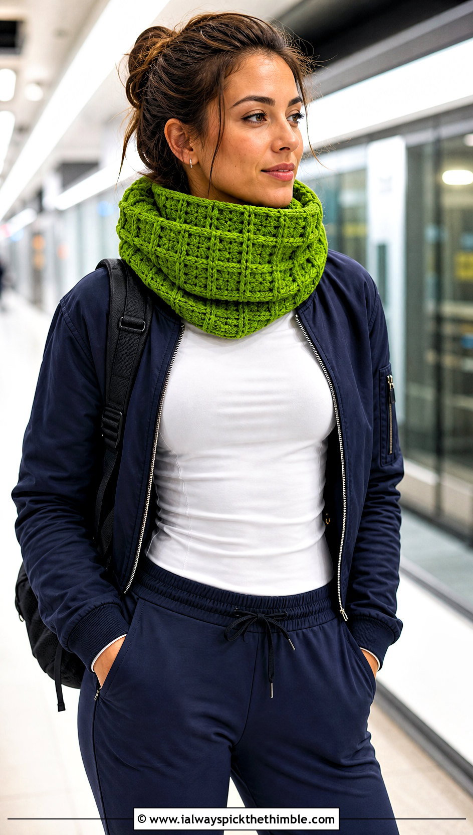 Waffle Stitch Hooded Crochet Cowl Snood With Bomber Jacket - 20 hooded crochet cowl snood outfit ideas
