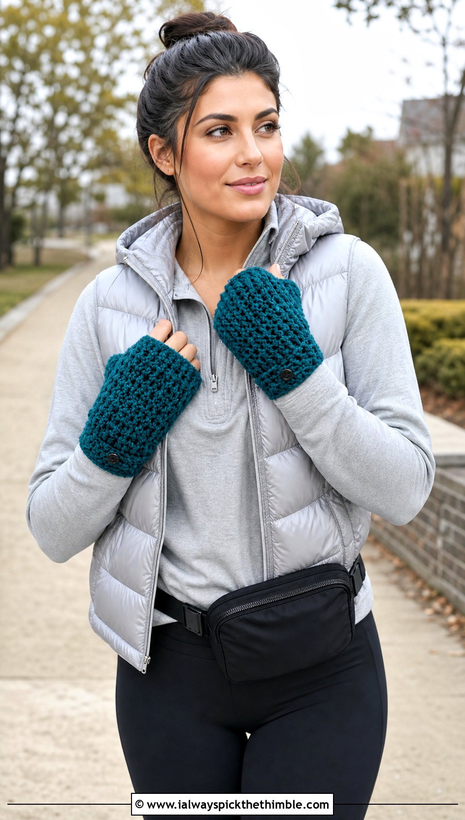 Waffle Stitch Hooded Crochet Gloves With Puffer Vest - 15 Convertible Crochet Fingerless Gloves outfit ideas