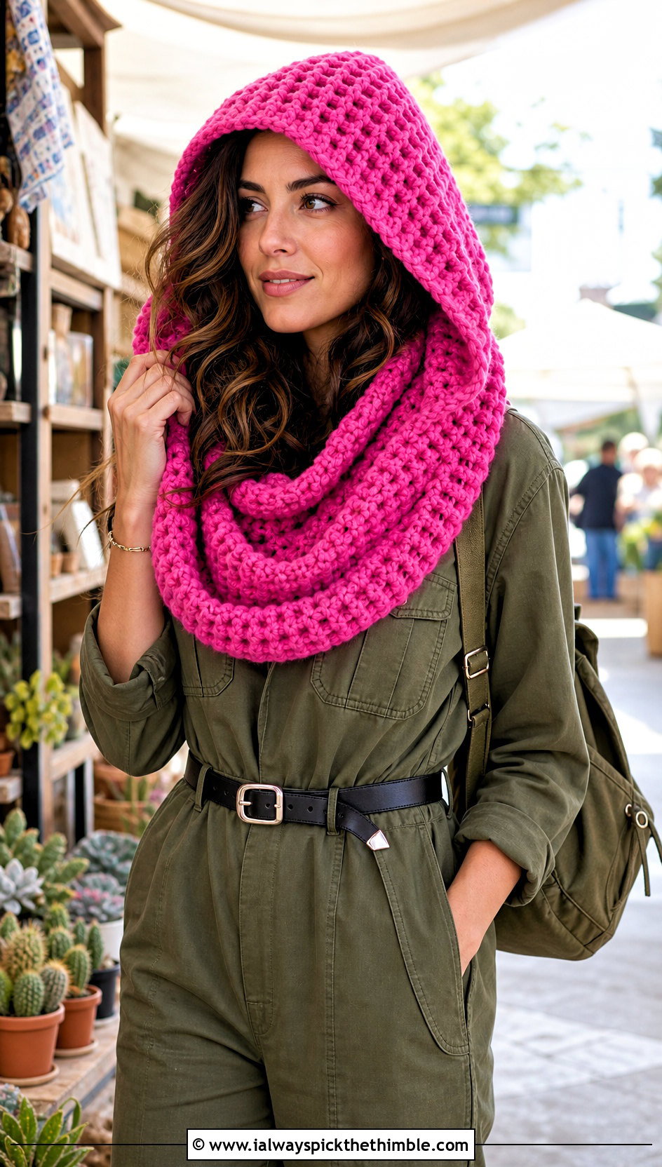 Waffle Stitch Hooded Infinity Scarf With Utility Jumpsuit - 15 crochet infinity scarf with hood outfit ideas