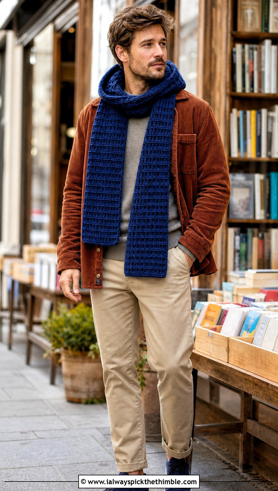 Waffle Stitch Hooded Scarf With Corduroy Overshirt - 20 Crochet Hooded Scarf For Men outfit ideas