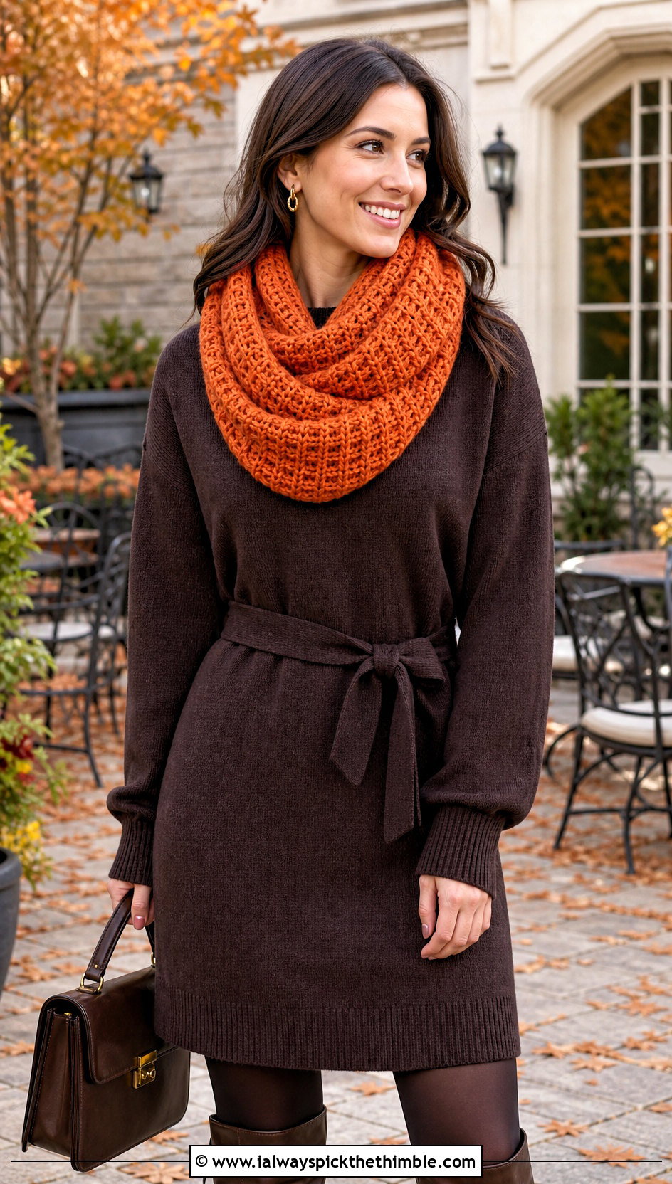 Waffle Stitch Infinity Crochet Scarf With Sweater Dress - 15 Infinity Crochet Scarf outfit ideas