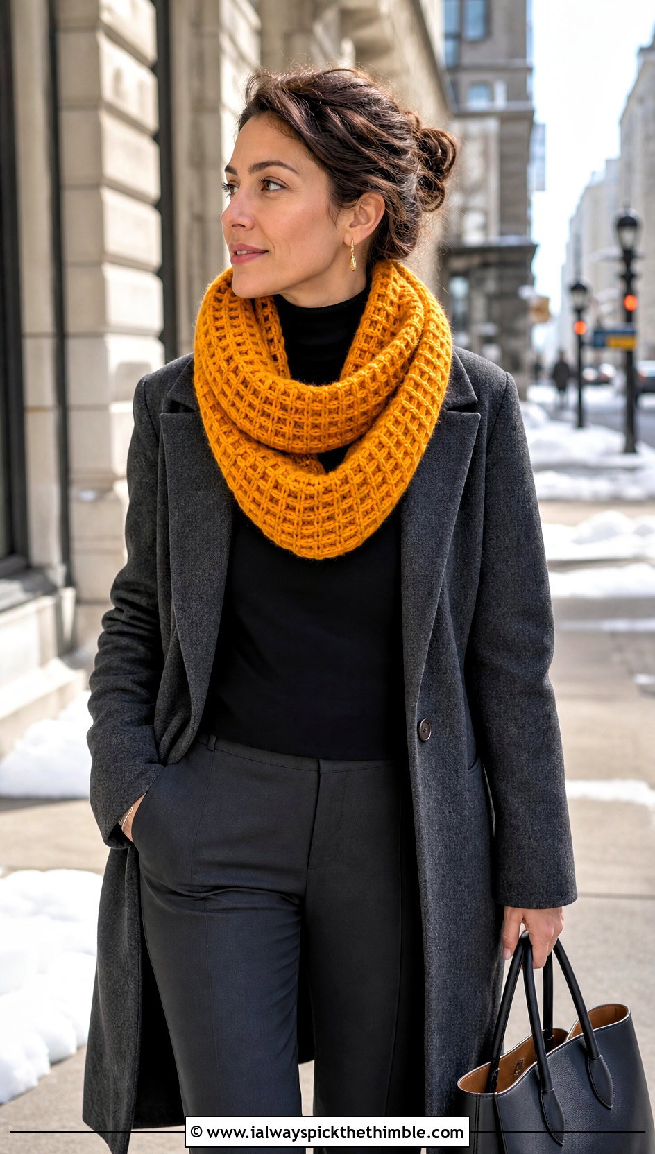 Waffle Stitch Infinity Scarf With Long Wool Coat - 20 Beginner Crochet Infinity Scarf outfit ideas