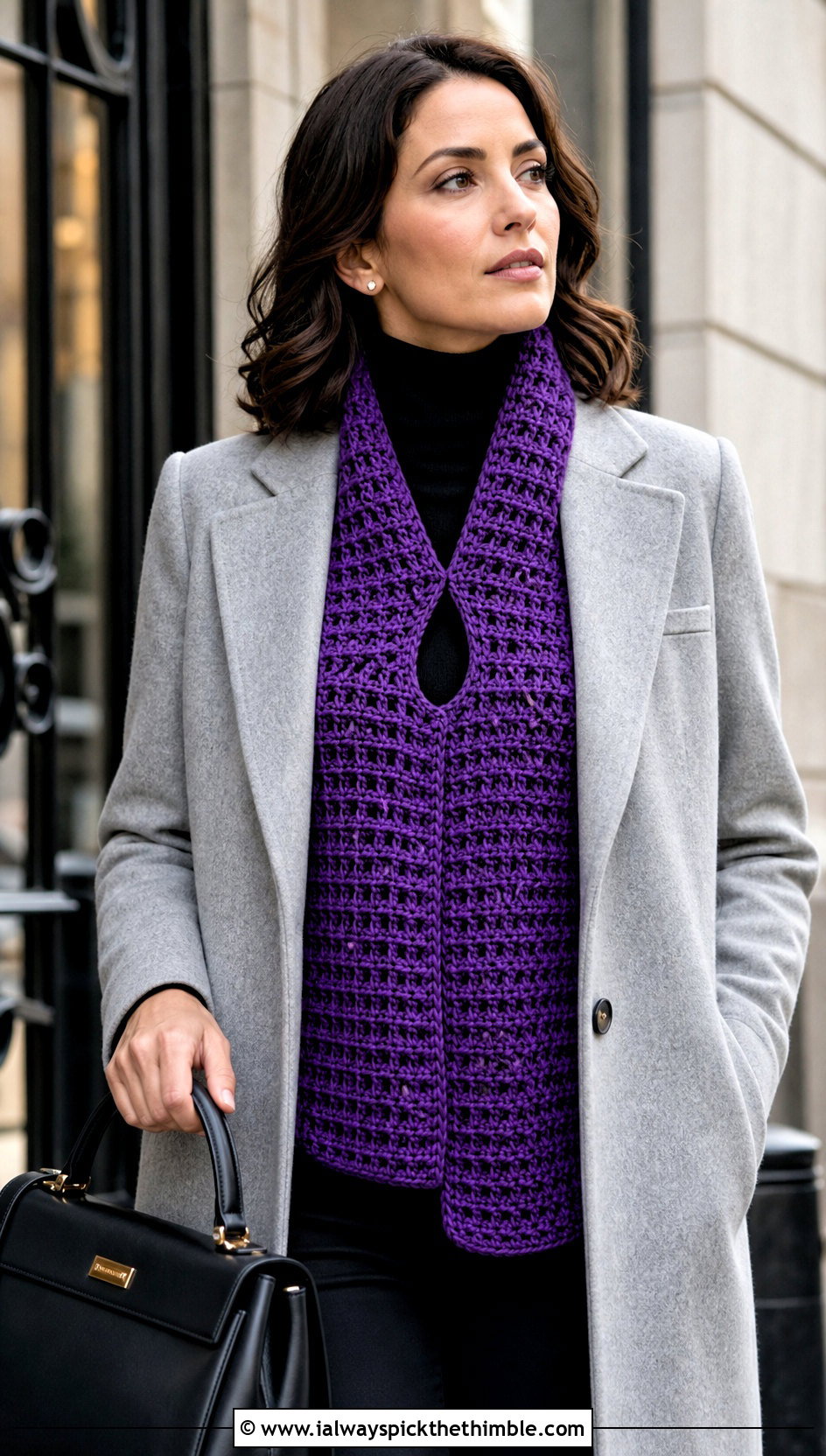 Waffle Stitch Keyhole Crochet Scarf With Wool Coat - 20 Keyhole Crochet Scarf outfit ideas