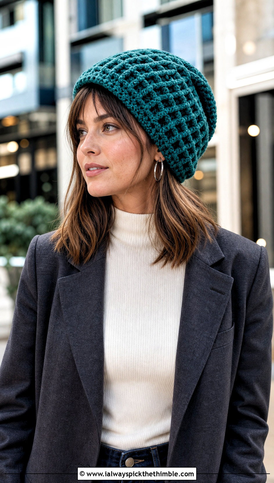 Waffle Stitch Large Crochet Beanie With Blazer And Dark Jeans - 15 large crochet beanie outfit ideas