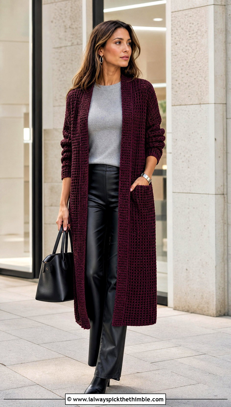 Waffle Stitch Long Crochet Cardigan With Leather Pants - 20 long crochet cardigan outfit ideas