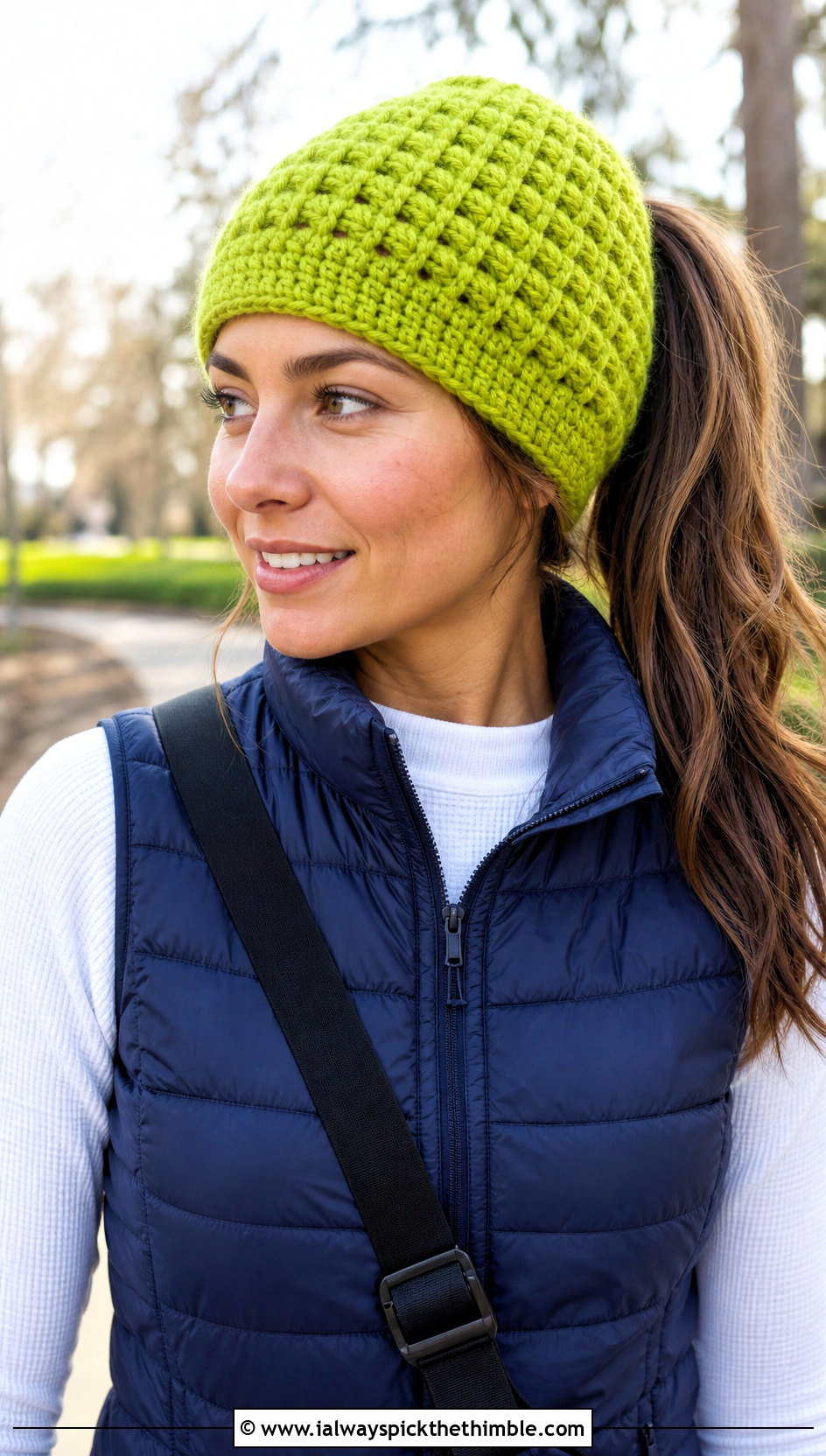Waffle Stitch Magic Circle Crochet Beanie With Puffer Vest - 20 Crochet Beanie Magic Circle outfit ideas