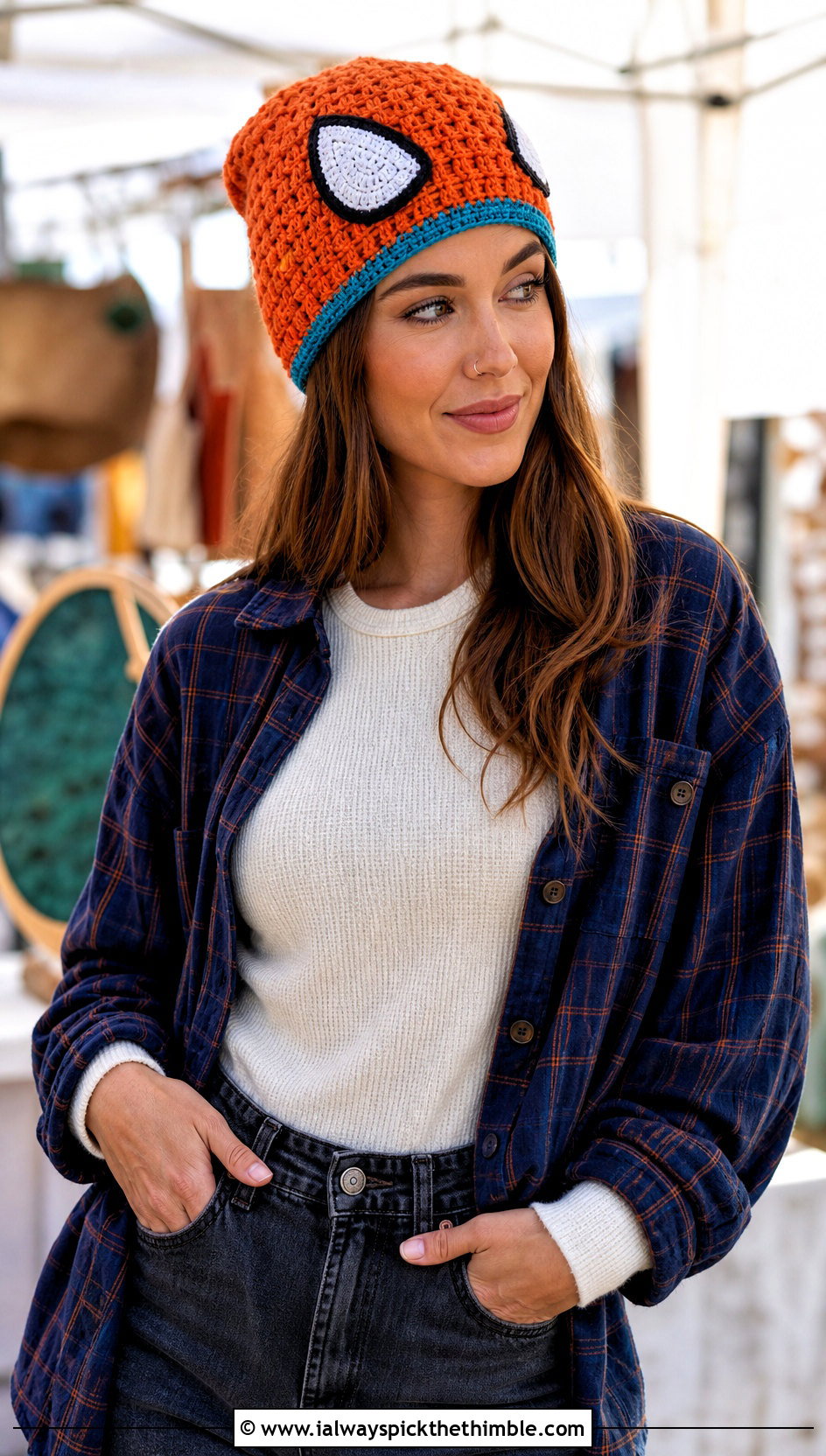 Waffle Stitch Mayday Crochet Beanie With Flannel Shirt - 20 mayday crochet beanie outfit ideas