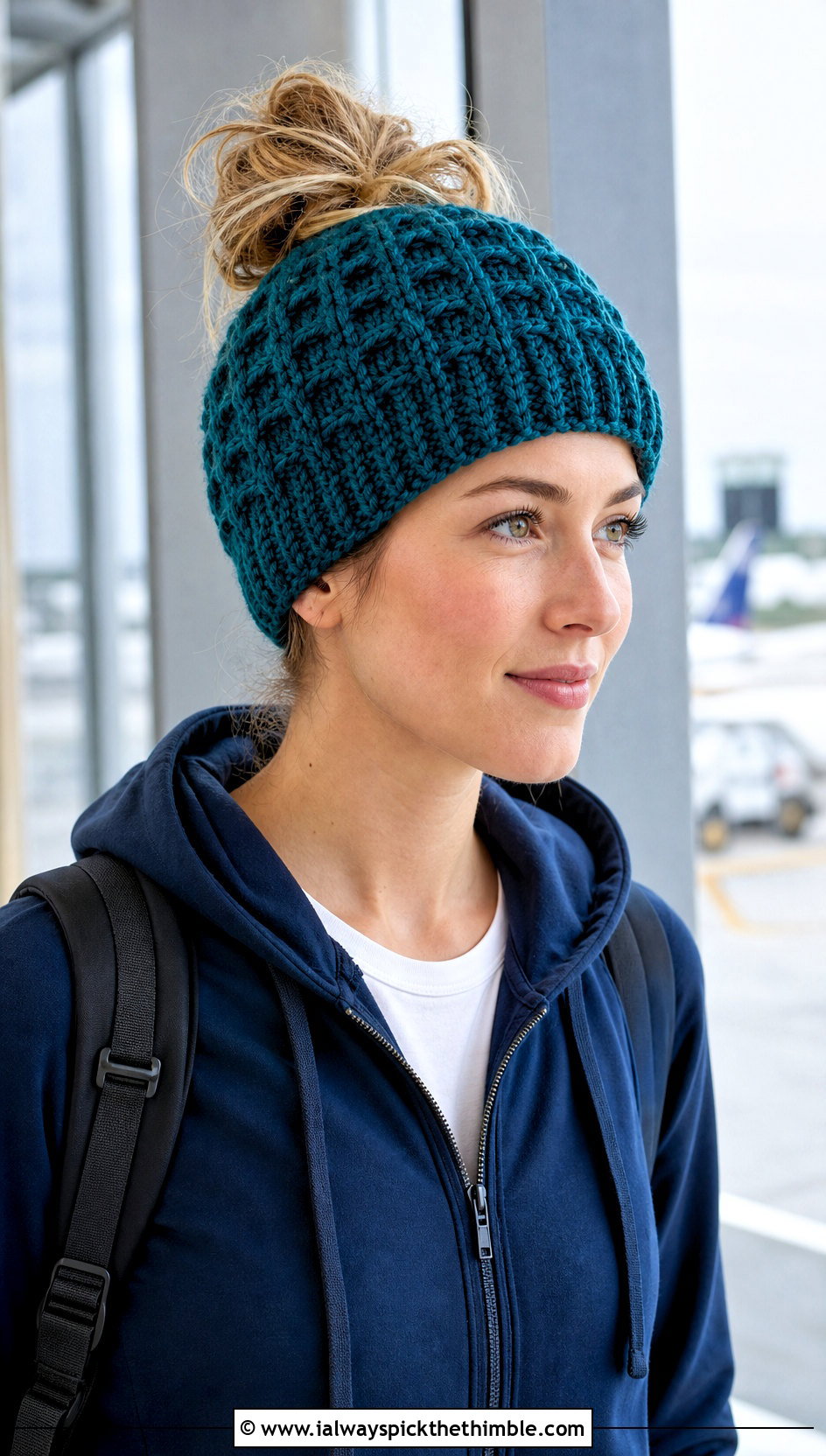 Waffle Stitch Messy Bun Crochet Hat With Hoodie - 20 Easy Messy Bun Crochet Hat outfit ideas