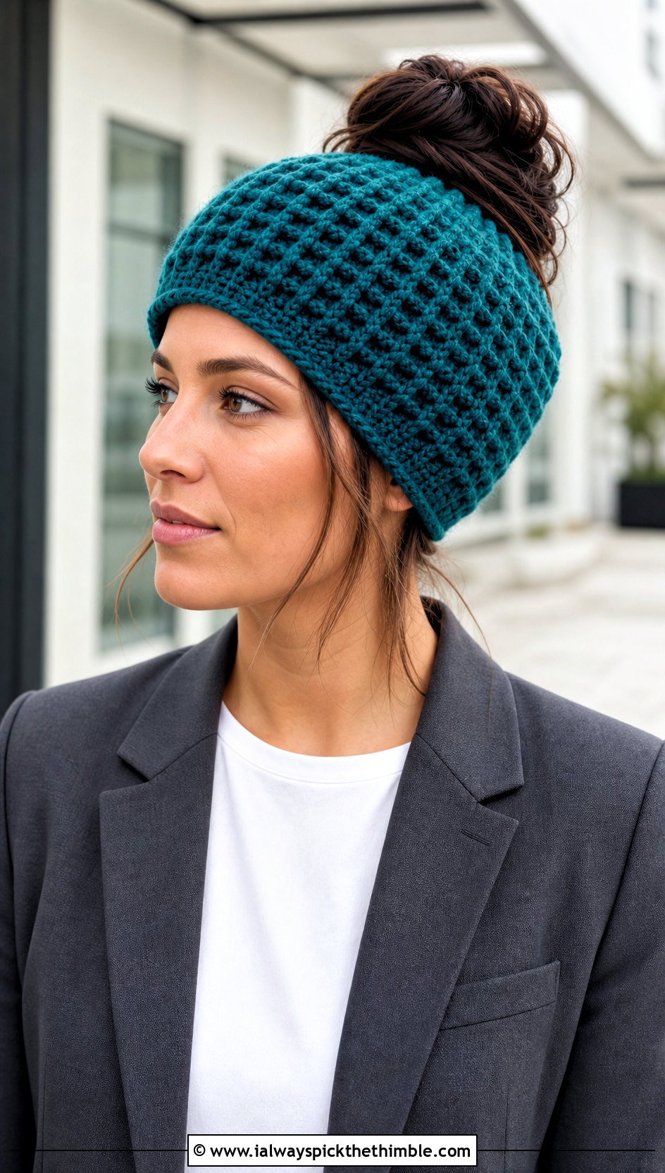 Waffle Stitch Messy Bun Crochet Hat With Pantsuit - 20 messy bun crochet hat with hair tie outfit ideas