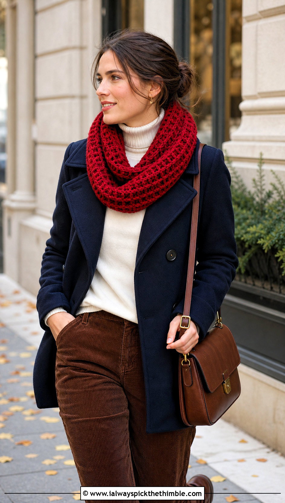 Waffle Stitch One Skein Crochet Infinity Scarf With Peacoat - 15 One Skein Crochet Infinity Scarf outfit ideas