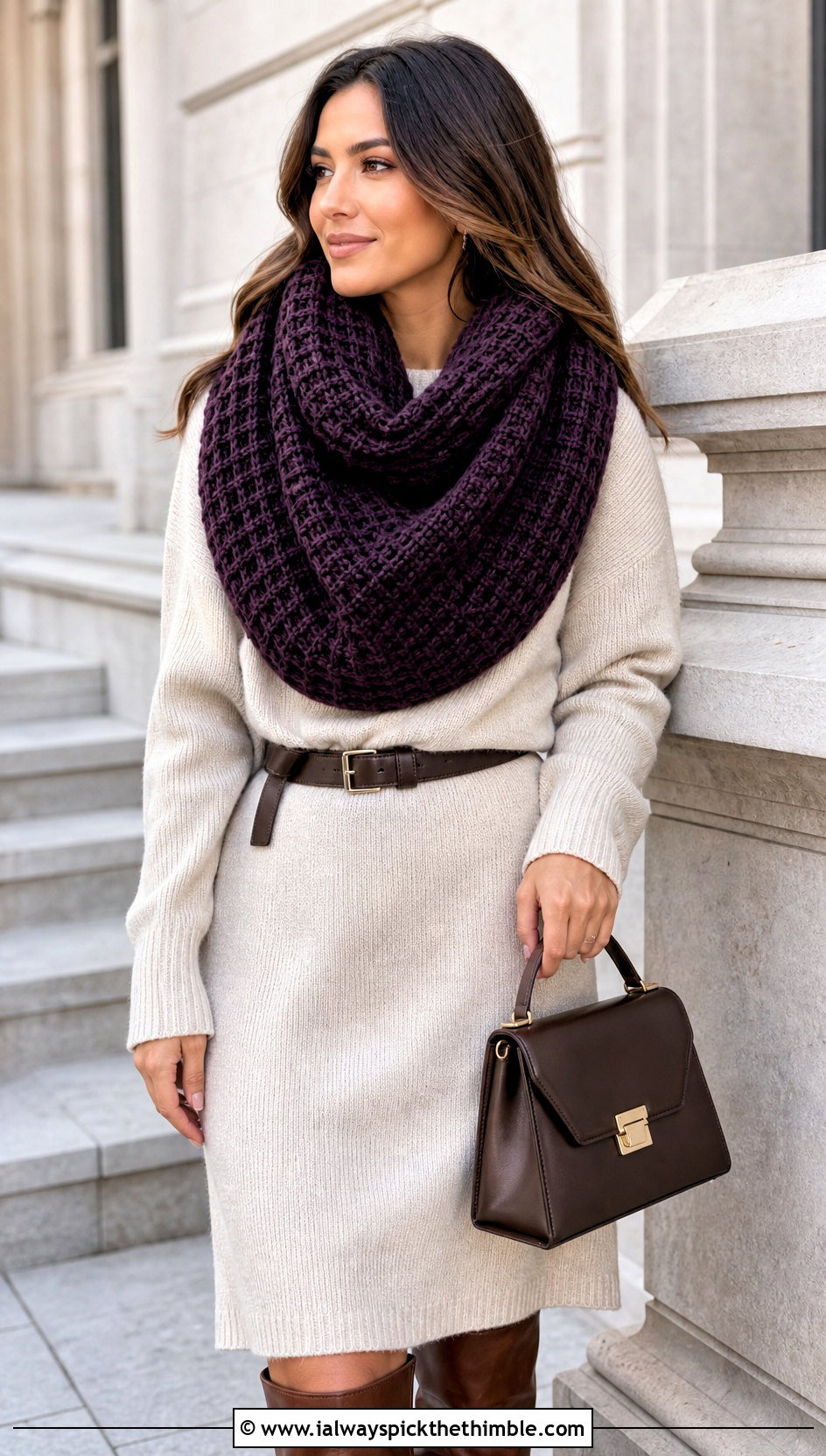 Waffle Stitch Oversized Crochet Infinity Scarf With Sweater Dress - 15 Oversized Crochet Infinity Scarf outfit ideas