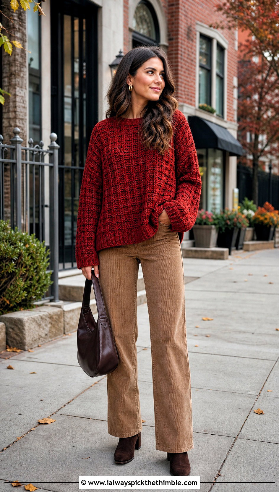 Waffle Stitch Oversized Crochet Sweater With Corduroy Pants - 25 crochet oversized sweater outfit ideas