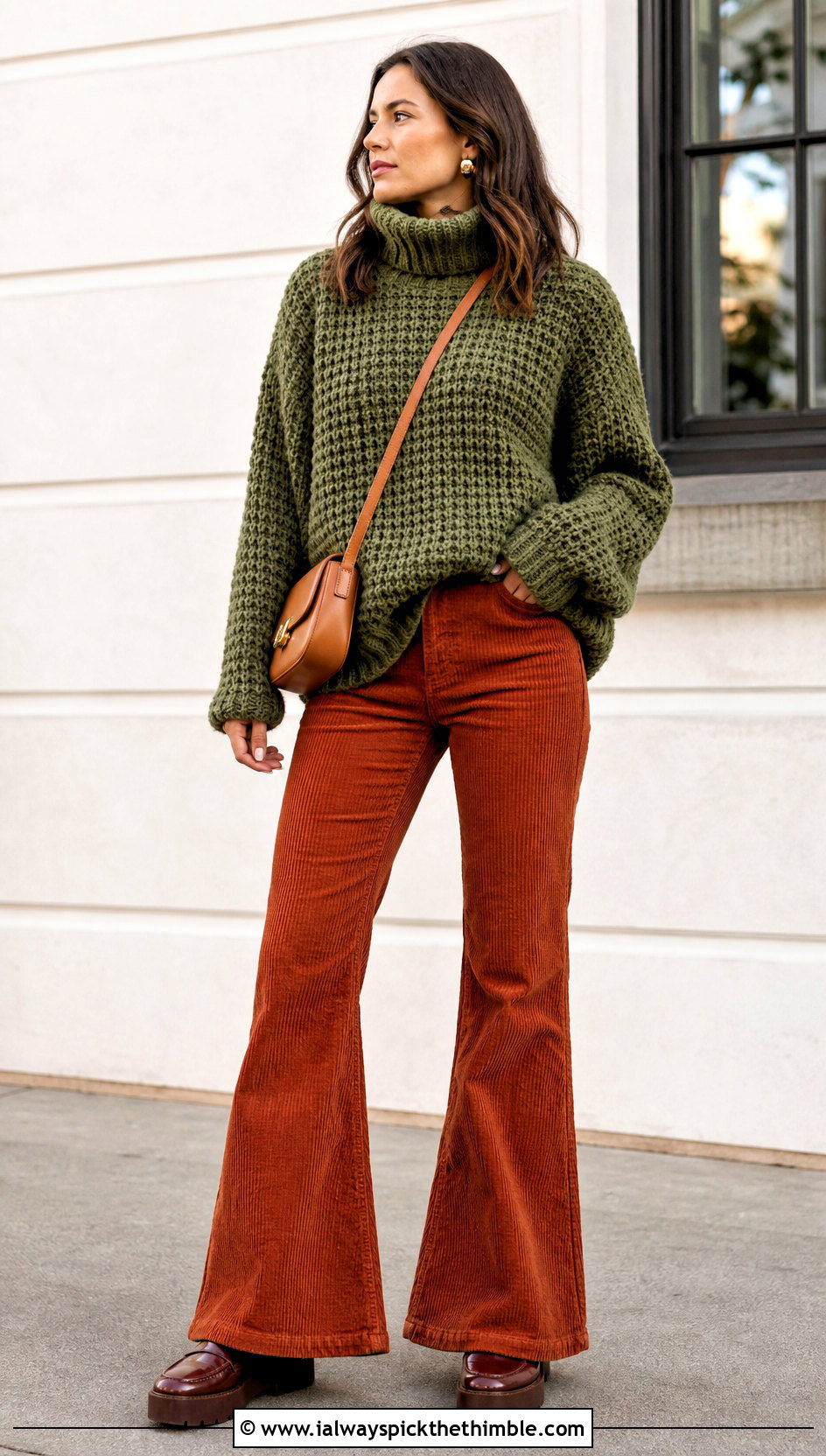 Waffle Stitch Oversized Turtleneck Crochet Sweater With Corduroy Flare Pants - 15 oversized turtleneck crochet sweater outfit ideas