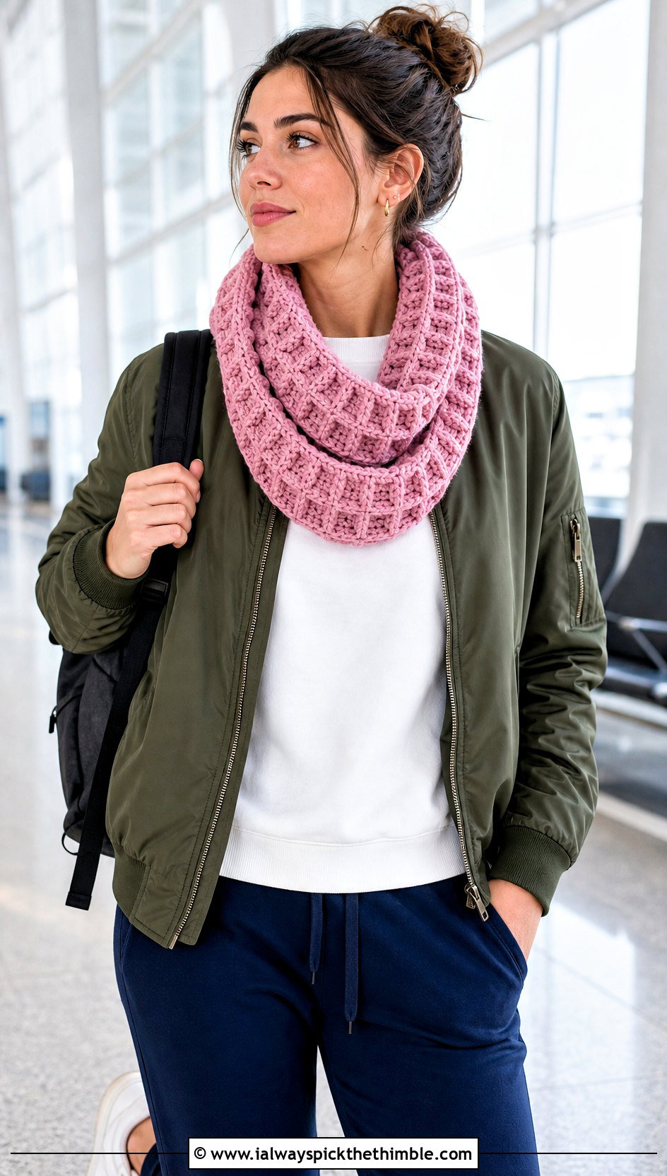 Waffle Stitch Pink Crochet Cowl With Bomber Jacket - 15 pink crochet cowl outfit ideas