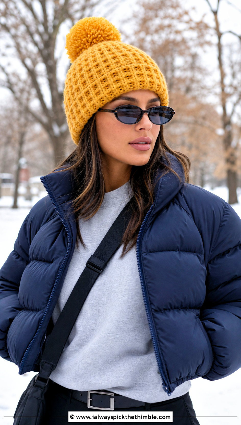 Waffle Stitch Pom Pom Beanie With Puffer Jacket - 15 Crochet Woolly Hat outfit ideas
