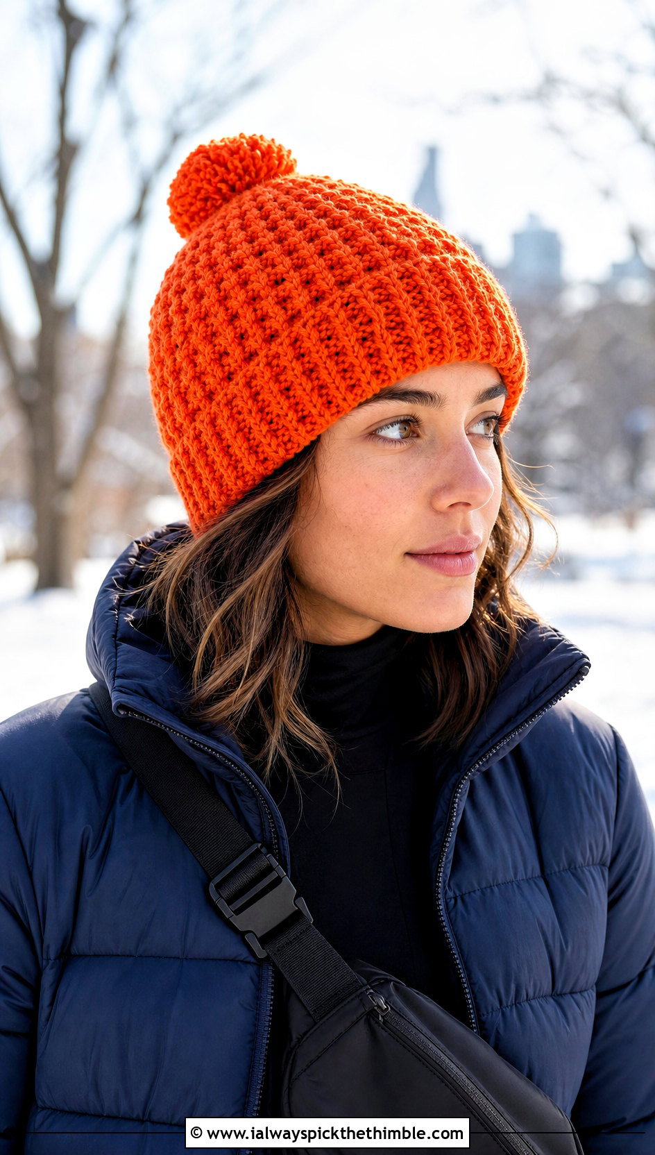 Waffle Stitch Pom Pom Double Layer Crochet Hat With Puffer Jacket - 15 Double Layer Crochet Hat outfit ideas
