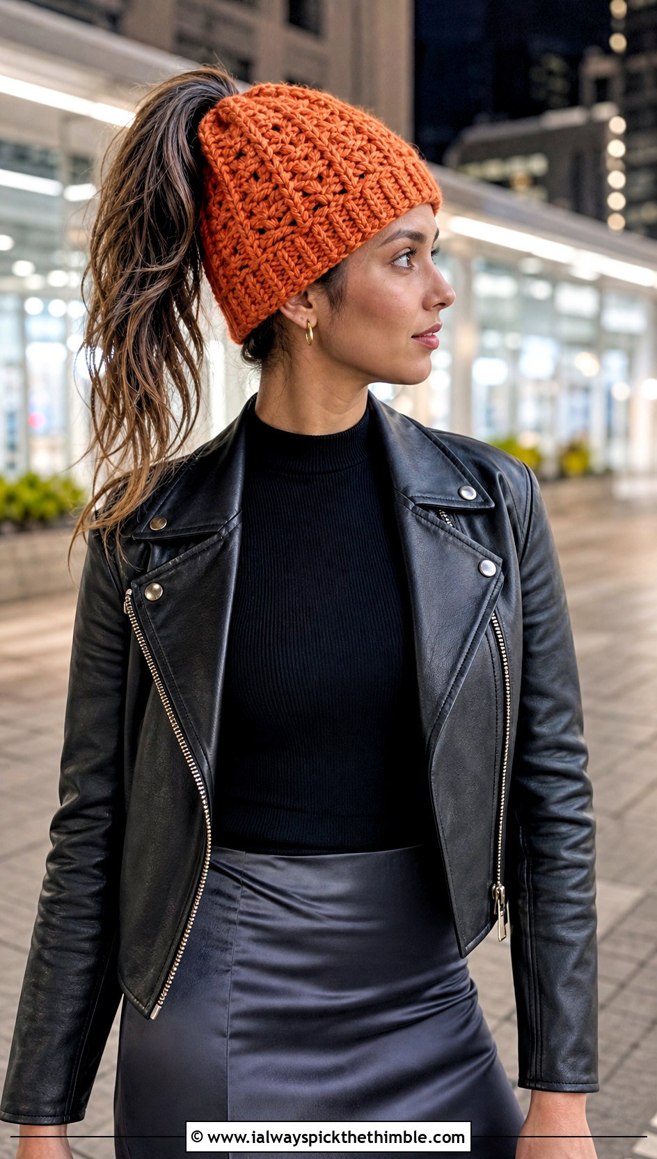 Waffle Stitch Ponytail Crochet Hat With Leather Jacket - 20 ponytail crochet hat outfit ideas